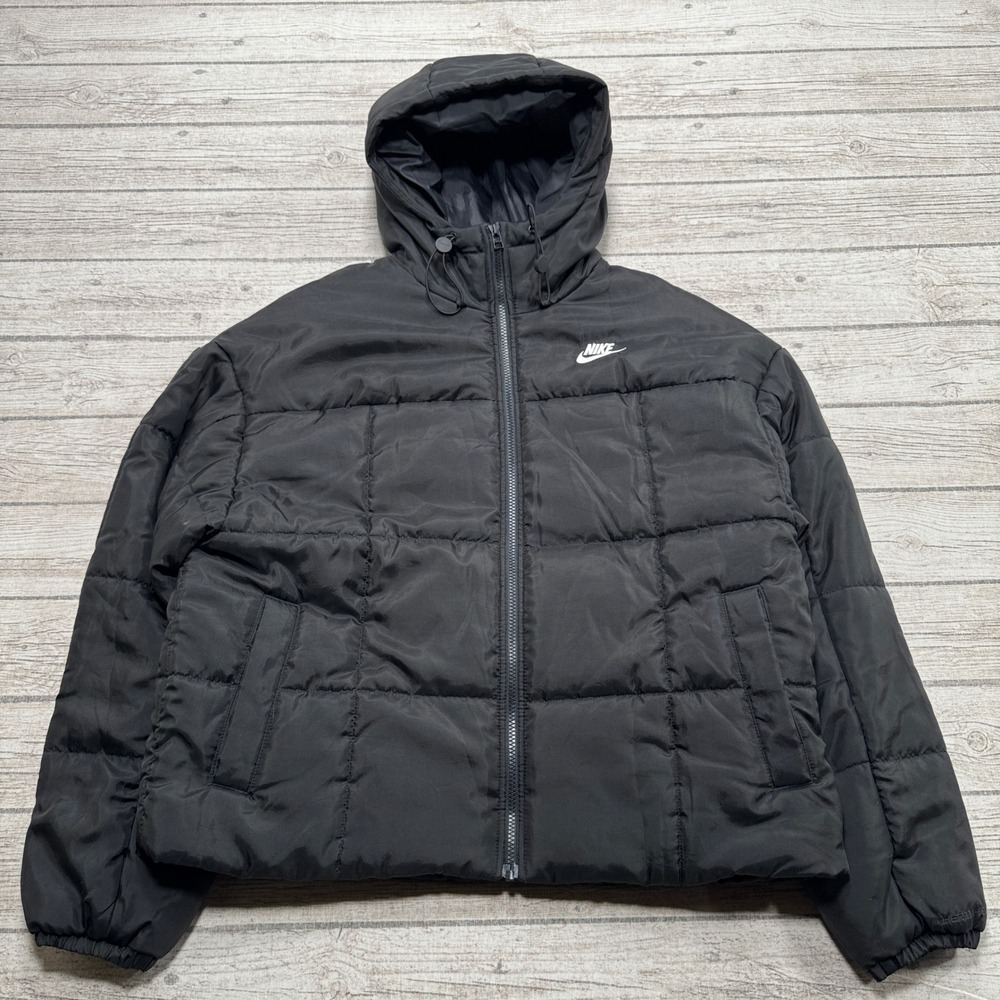 Nike Puffer Jacket Men's Medium Black Therma-FIT Hooded Quilted Athletic Outdoor
